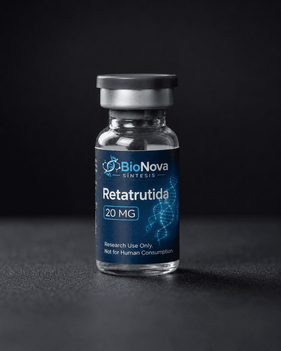 Vial BioNova Retatrutida 20 mg para uso exclusivo de investigacion